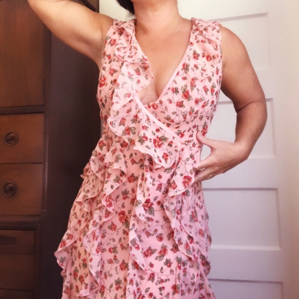 Romantic Pink Floral Ruffled Maxi Dress